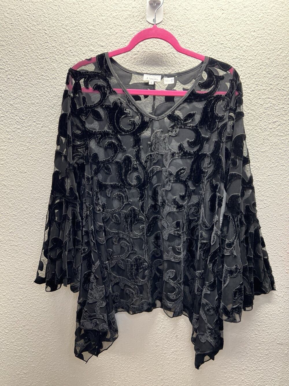Paris Hues Black Velvet Mesh Tunic Top Bell Sleeve Women's Large Vintage